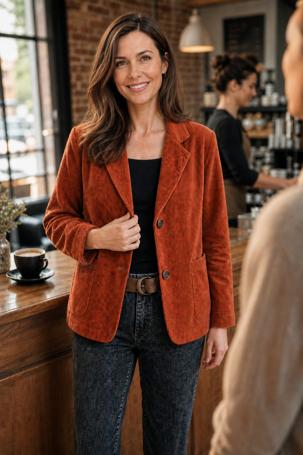 Women's structured ribbed texture blazer with notched collar, long sleeves and patch pockets