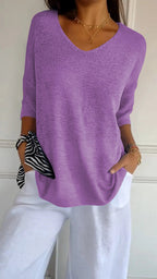 Women's solid-colour knitted V-neck top with long sleeves