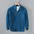 Men's cable knit jumper with mock neck and quarter zip