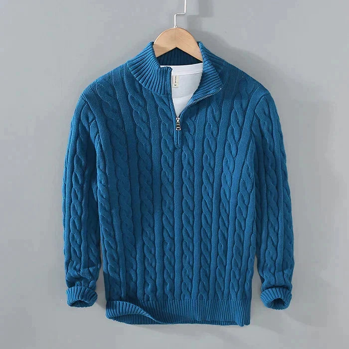 Men's cable knit jumper with mock neck and quarter zip
