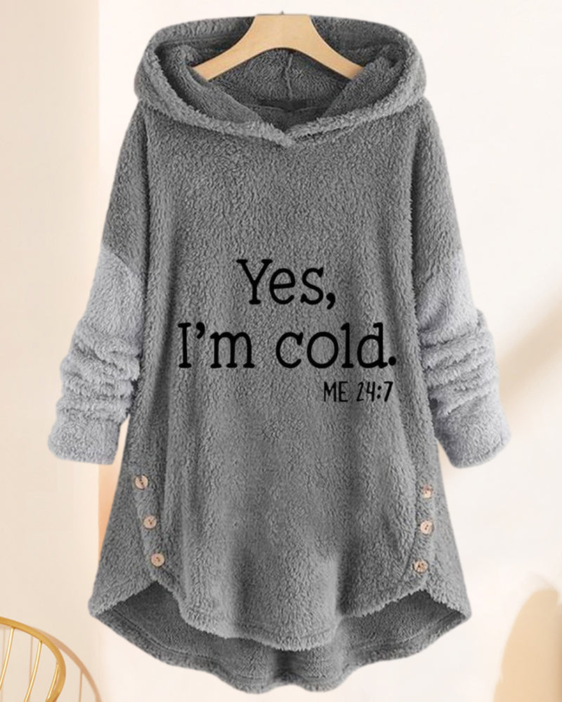 Women's hooded tunic top with text print, long sleeves, curved hem and side buttons