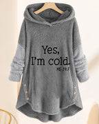 Women's hooded tunic top with text print, long sleeves, curved hem and side buttons