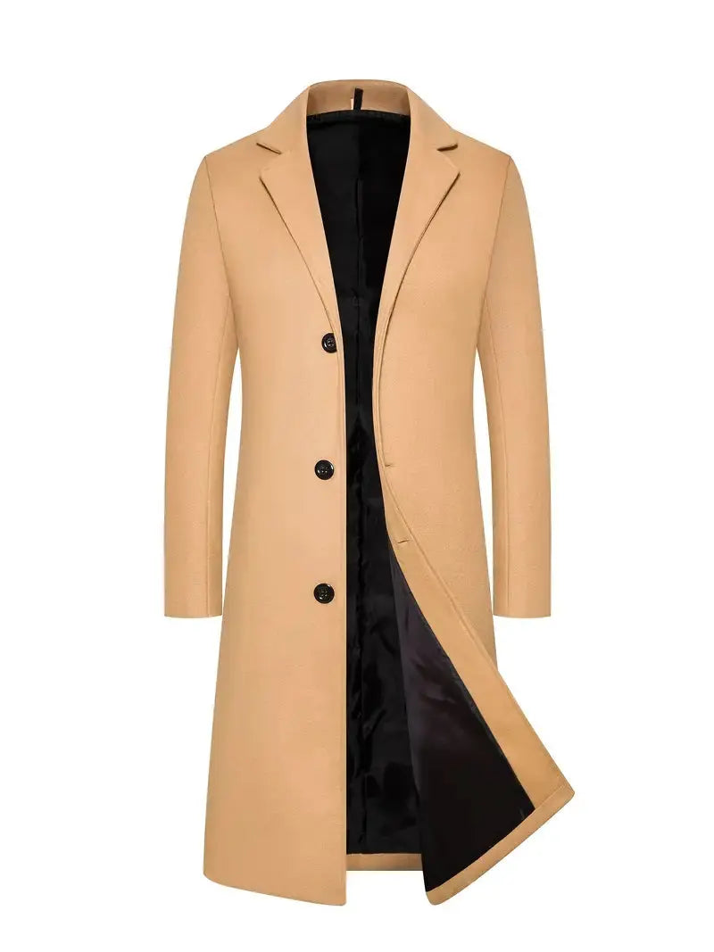 Men's long single-breasted overcoat with notched lapels