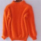 Women's fluffy turtleneck sweater with long sleeves and ribbed trims
