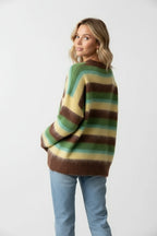 Women's relaxed striped crew neck jumper with long sleeves and ribbed trims
