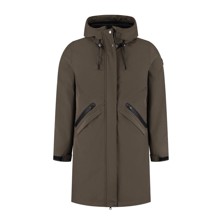 Women's dark brown hooded softshell jacket with long sleeves and zipped pockets