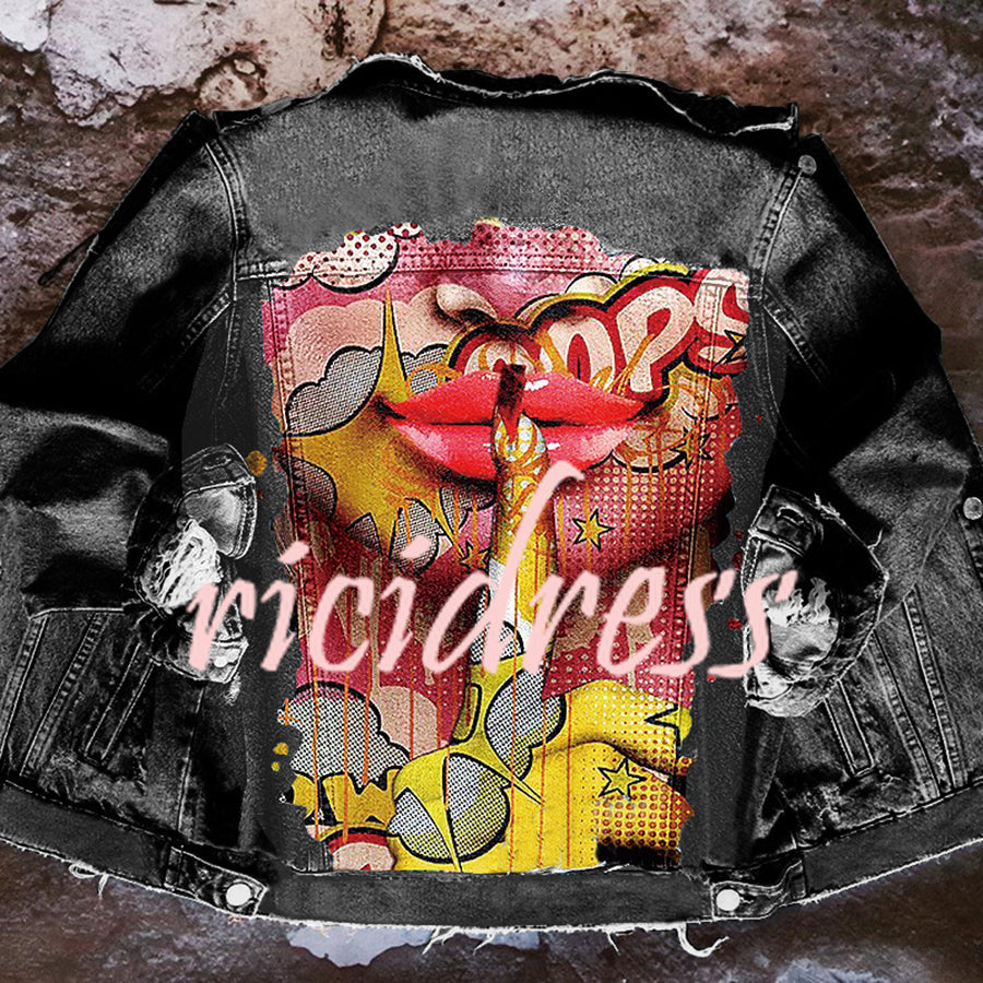 Women's long-sleeve denim jacket with colourful Halloween graphic back print