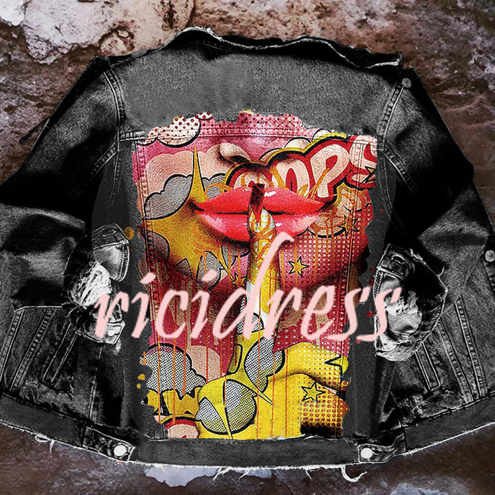 Women's long-sleeve denim jacket with colourful Halloween graphic back print
