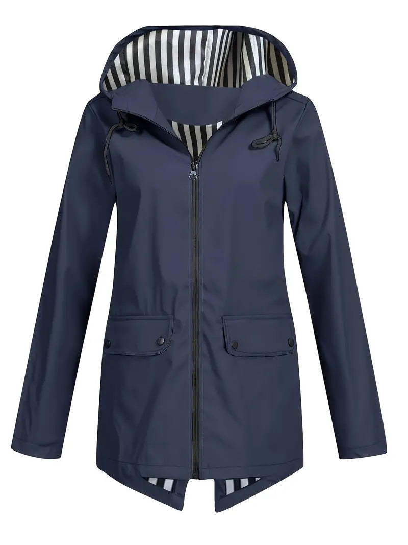 Women's hooded rain jacket with striped lining and flap pockets