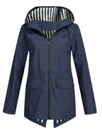 Women's hooded rain jacket with striped lining and flap pockets