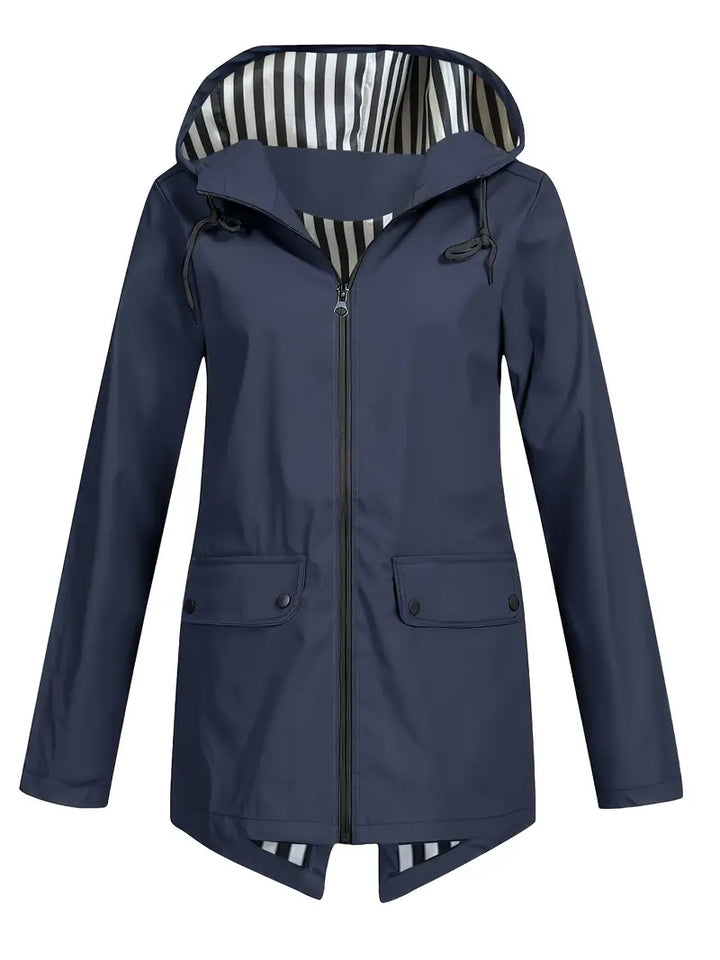 Women's hooded rain jacket with striped lining and flap pockets