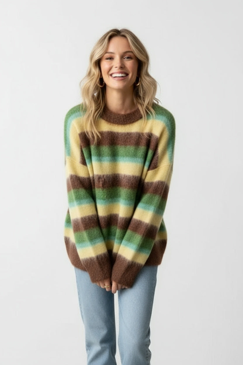 Women's relaxed striped crew neck jumper with long sleeves and ribbed trims
