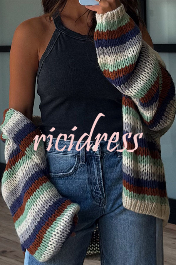 Women's multicoloured striped knit cardigan with open front and balloon sleeves