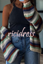 Women's multicoloured striped knit cardigan with open front and balloon sleeves