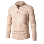 Men's ribbed quarter-zip sweater with stand collar and long sleeves