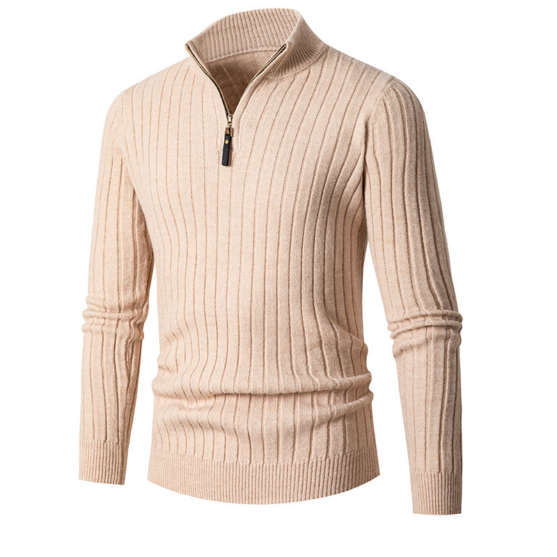 Men's ribbed quarter-zip sweater with stand collar and long sleeves