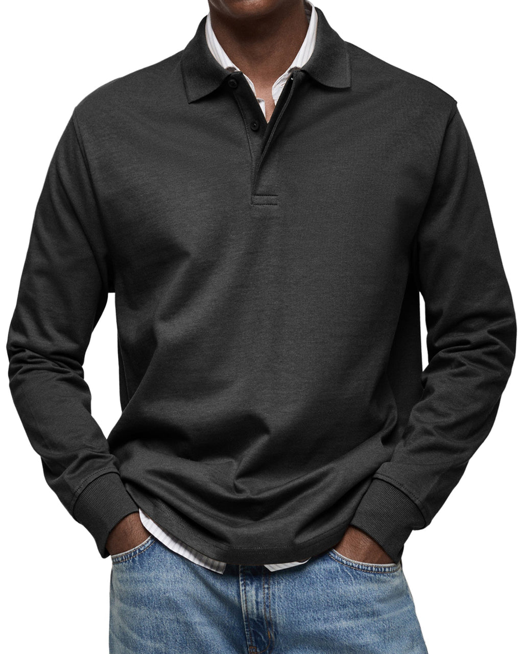 Men's long sleeve polo sweater with collar, button placket and ribbed trims