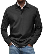 Men's long sleeve polo sweater with collar, button placket and ribbed trims