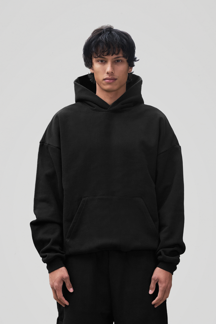 Men's black pullover hoodie with kangaroo pocket