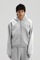 Men's heather gray zip-up hoodie with hood and front pouch pocket