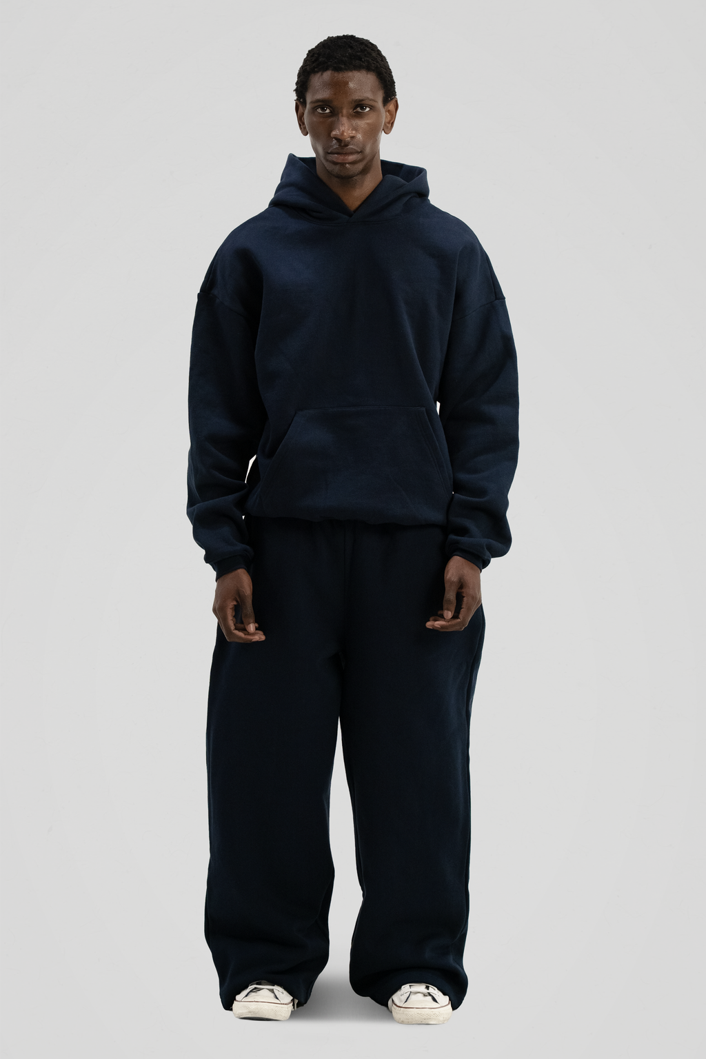 Dark navy men's core hoodie with hood and long sleeves