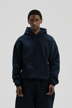 Dark navy men's core hoodie with hood and long sleeves
