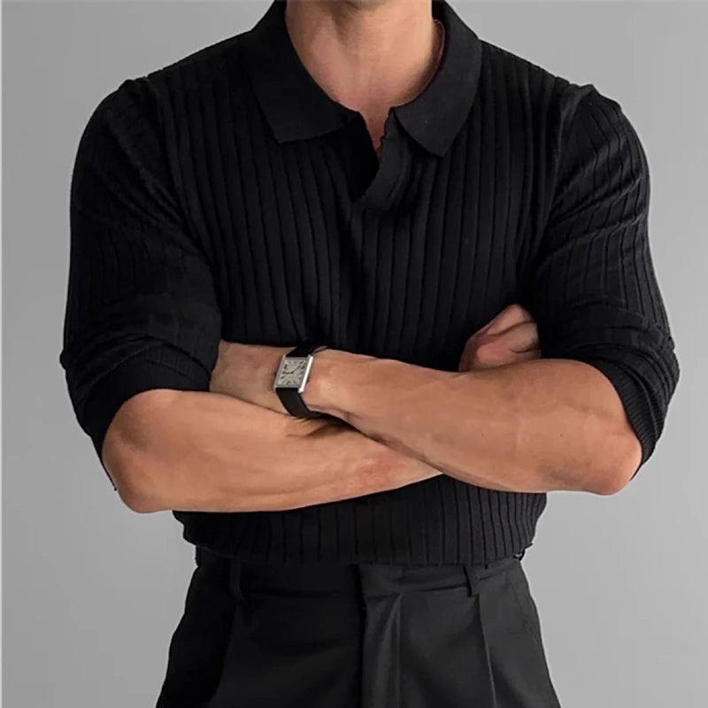 Men's ribbed polo sweater with a collared neckline and long sleeves
