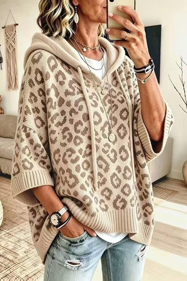 Women's leopard print hooded sweater with three-quarter sleeves