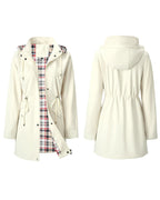 Women's long hooded coat with checked lining, zip front and drawstring waist