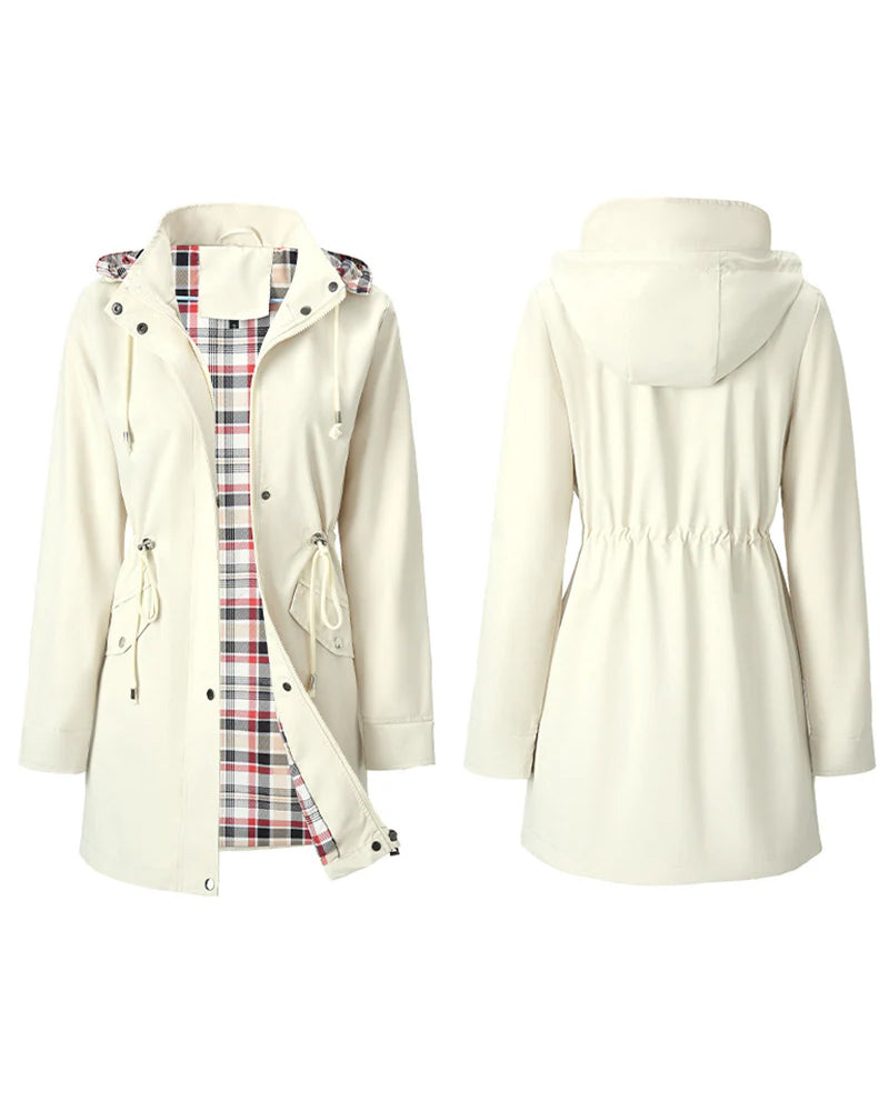 Women's long hooded coat with checked lining, zip front and drawstring waist