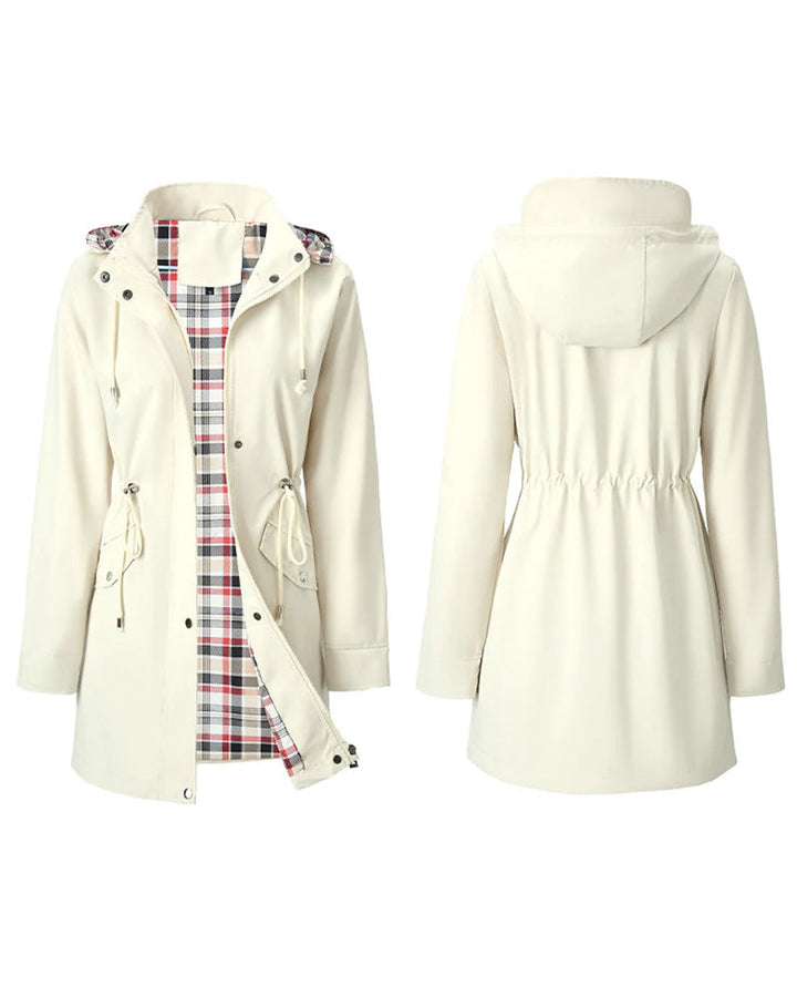 Women's long hooded coat with checked lining, zip front and drawstring waist