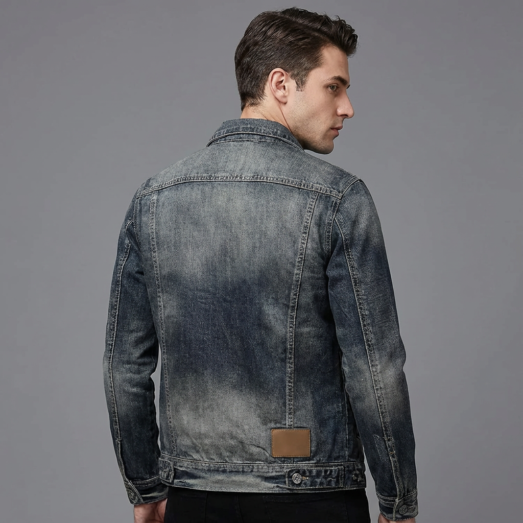 Men's faded blue denim jacket with long sleeves, zip front and chest pockets