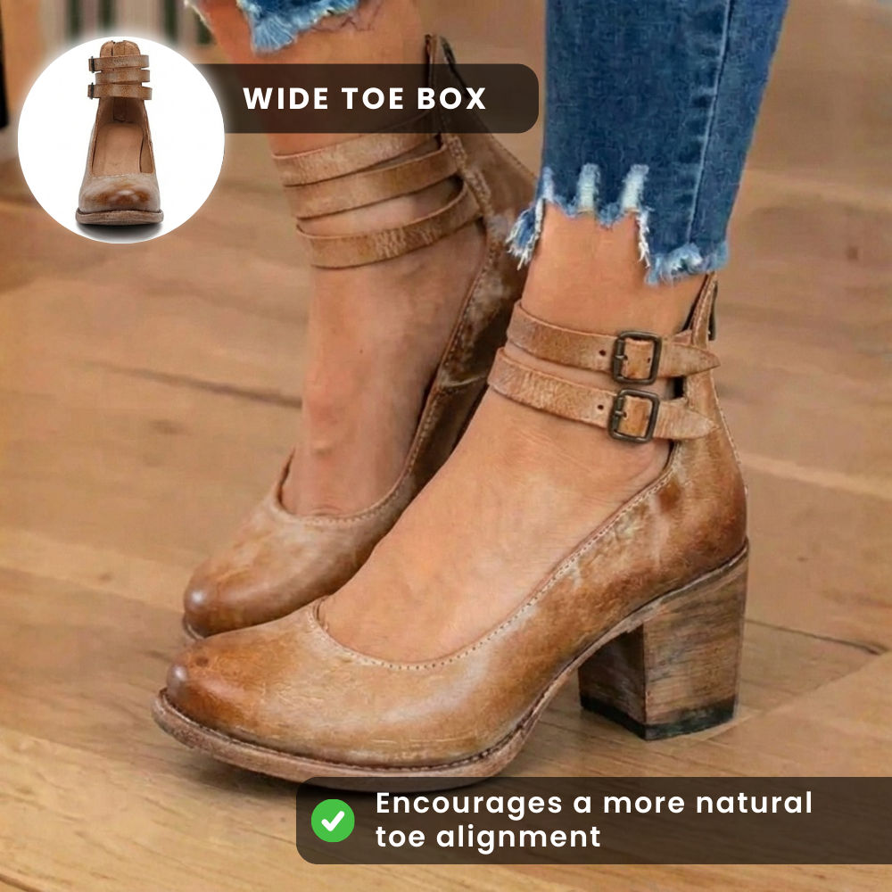 Women's ankle strap shoes with double buckles and a high block heel