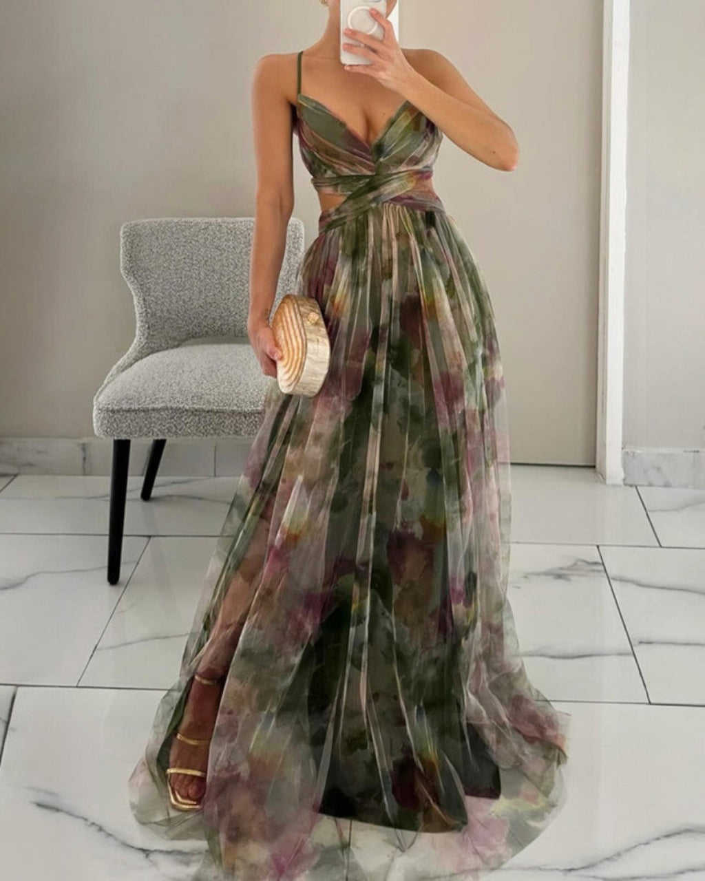 Women's abstract maxi dress with V-neckline and spaghetti straps