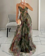 Women's abstract maxi dress with V-neckline and spaghetti straps