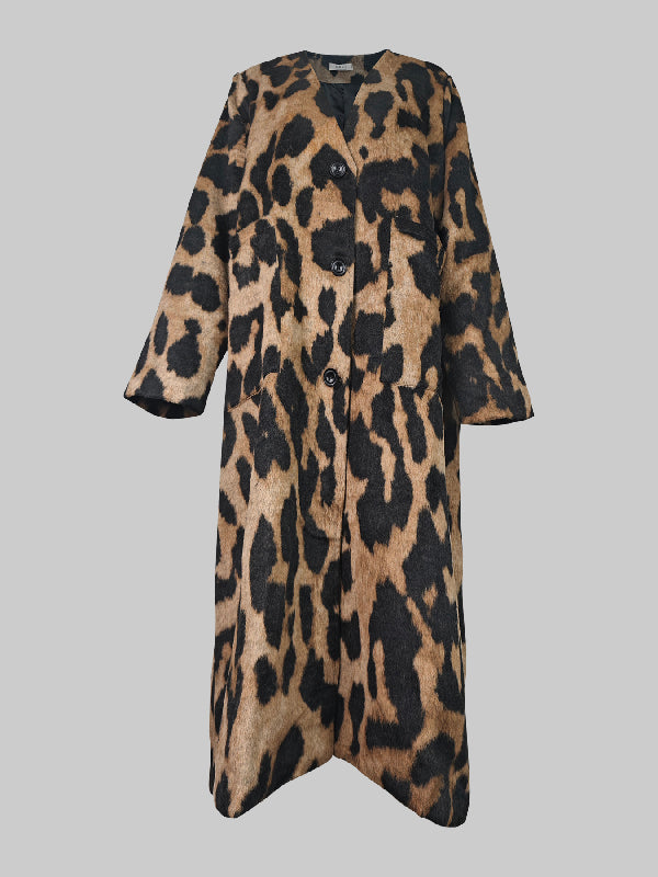 Women's brown leopard longline coat with buttons and patch pockets