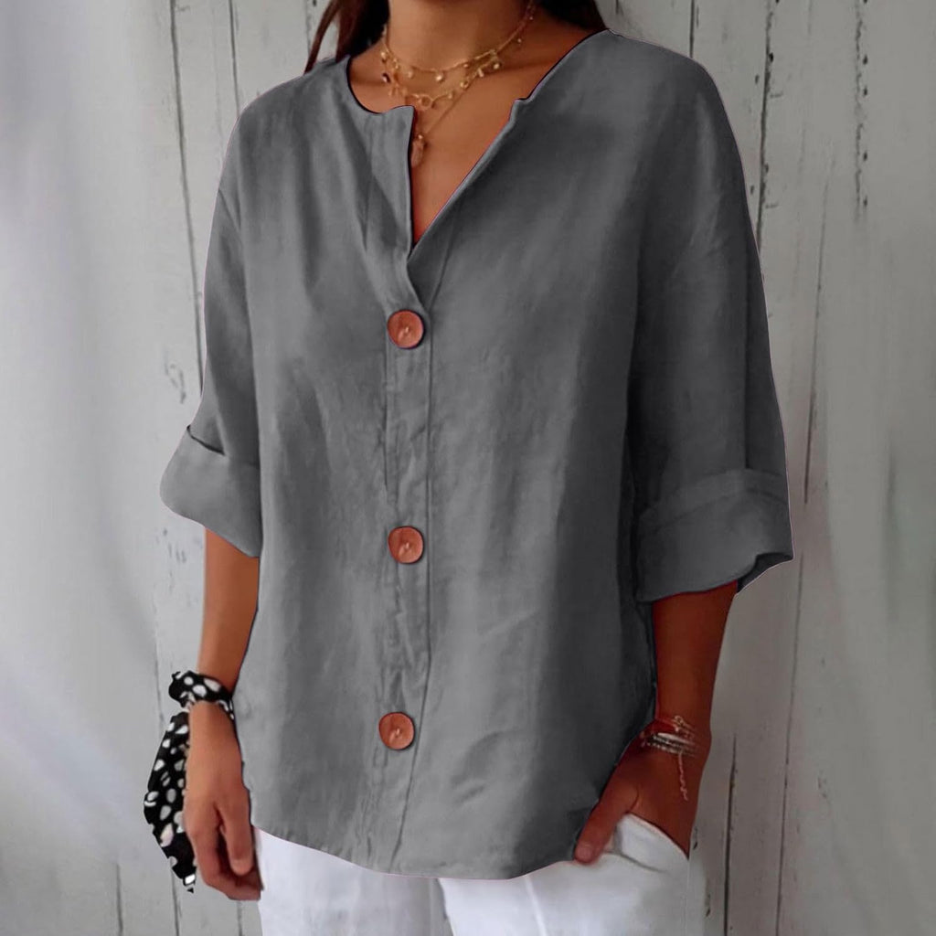 Women's relaxed V-neck shirt with button front and 3/4 sleeves