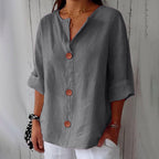 Women's relaxed V-neck shirt with button front and 3/4 sleeves