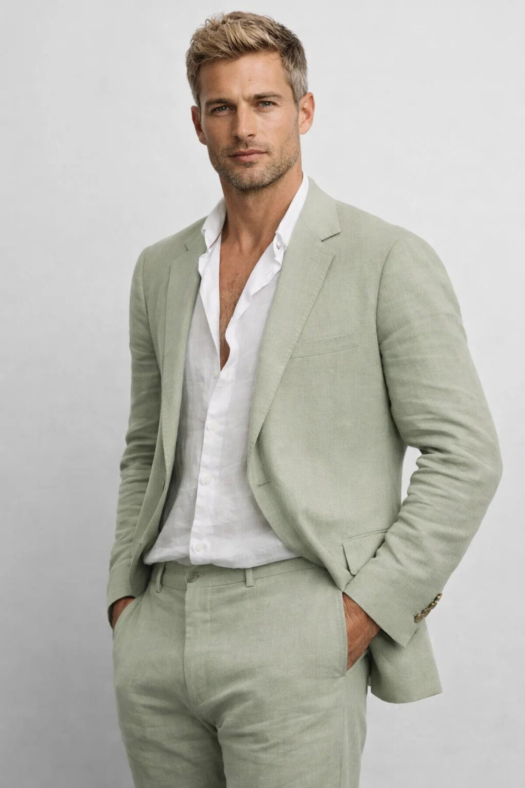 Men's tailored two-piece suit with structured blazer and matching trousers