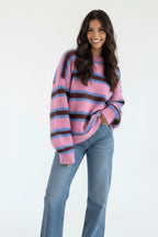 Women's pink striped jumper with crew neck and long sleeves