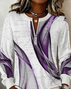 Women's abstract zip-up sweatshirt with ribbed trims and long sleeves
