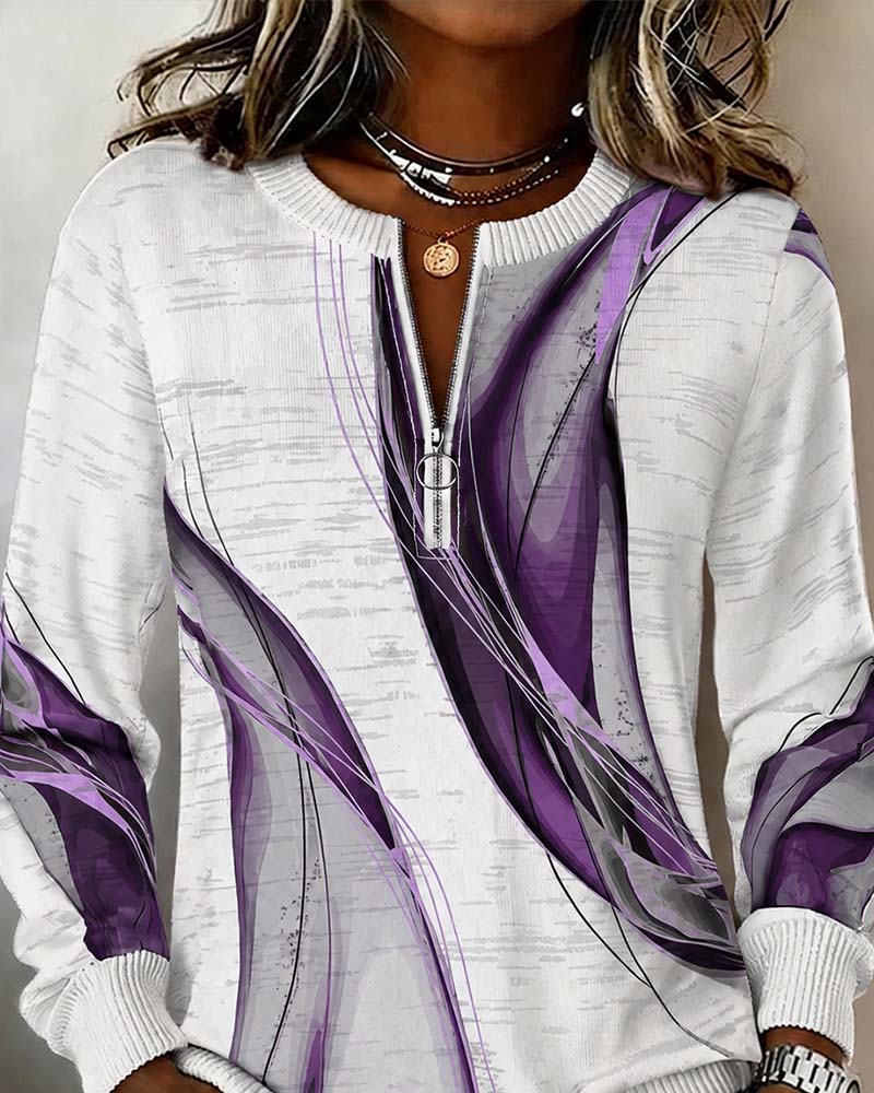 Women's abstract zip-up sweatshirt with ribbed trims and long sleeves
