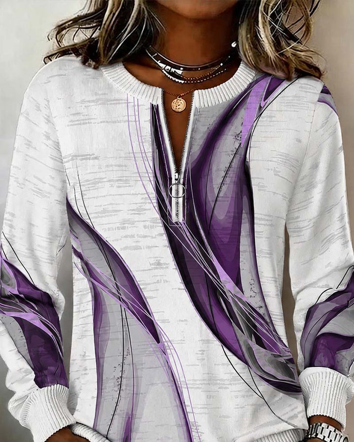 Women's abstract zip-up sweatshirt with ribbed trims and long sleeves