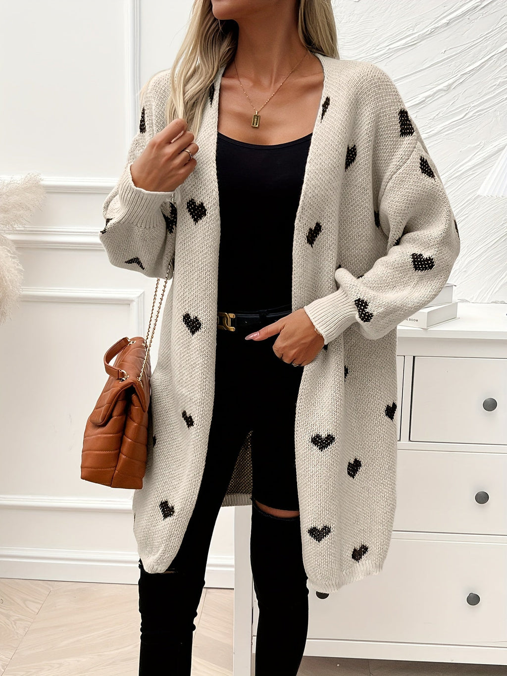 Women's heart print longline cardigan with open front and long sleeves