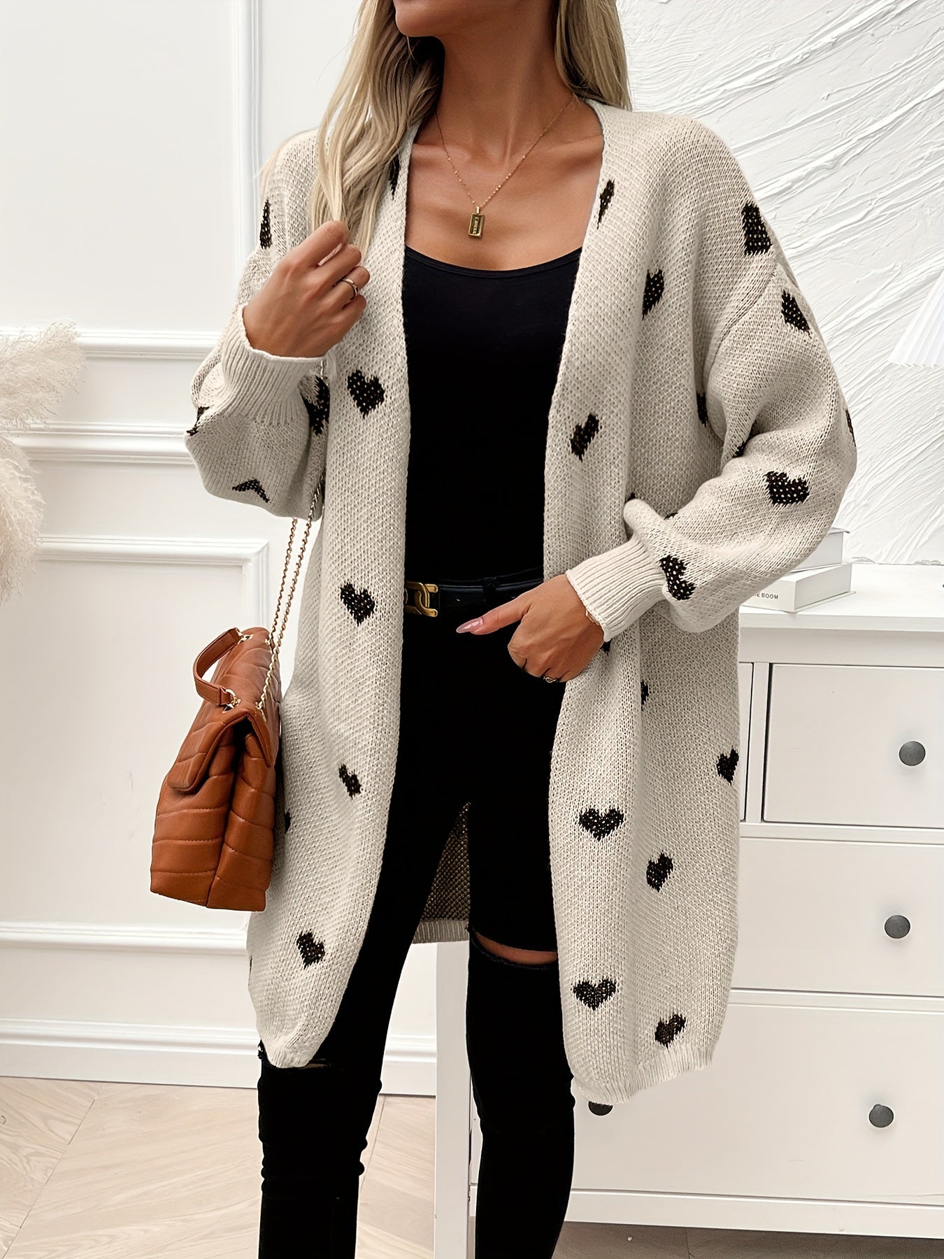 Women's heart print longline cardigan with open front and long sleeves