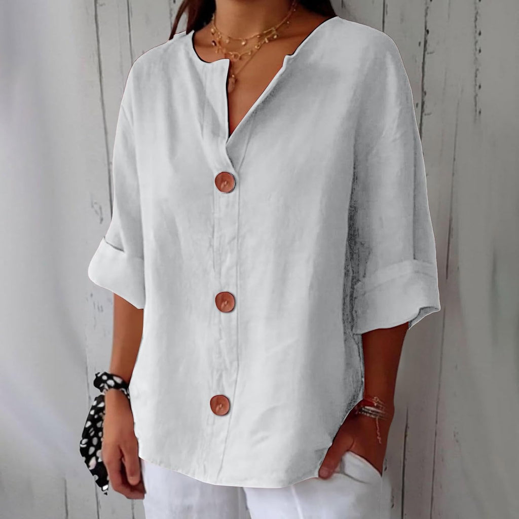 Women's relaxed V-neck shirt with button front and 3/4 sleeves