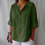 Women's relaxed V-neck shirt with button front and 3/4 sleeves