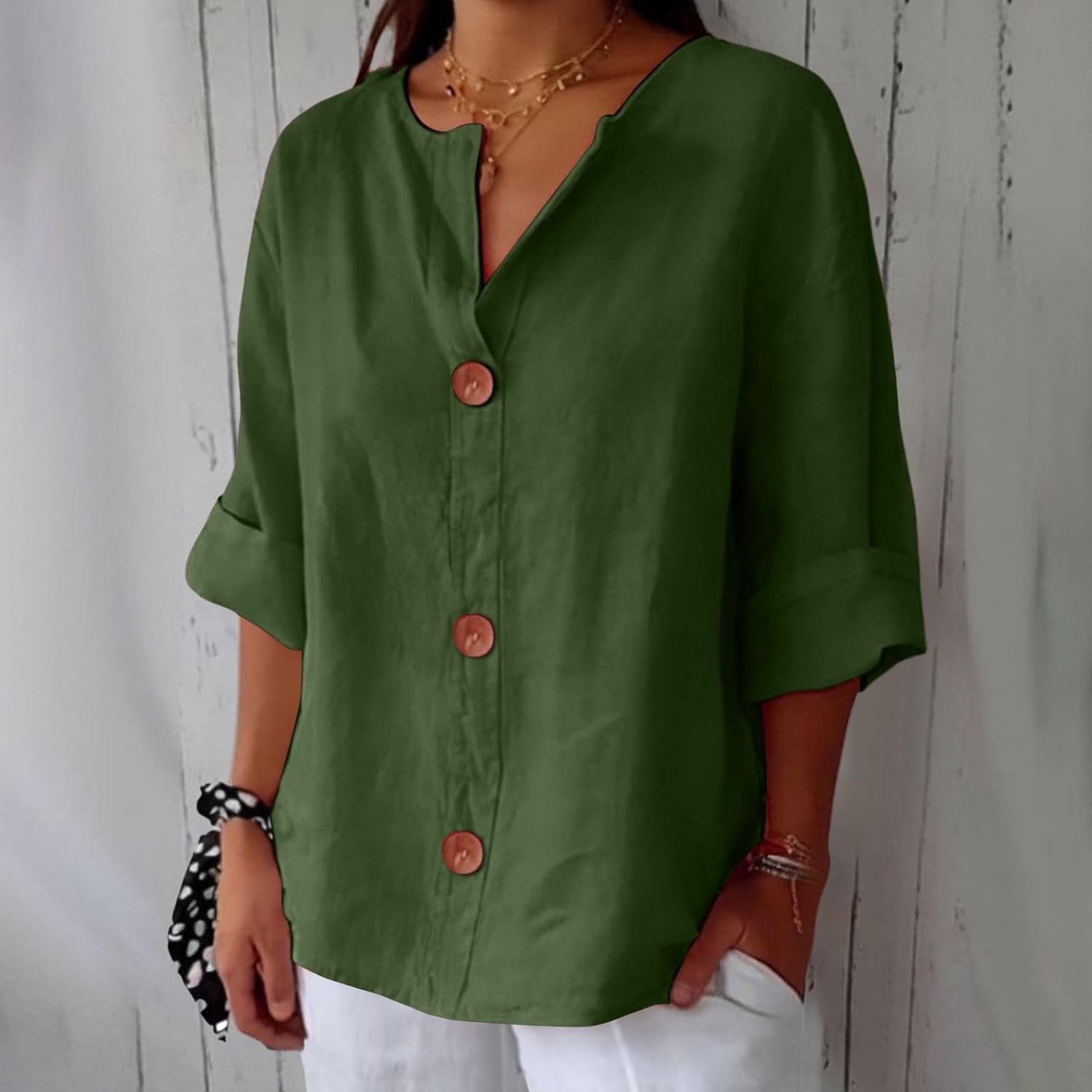 Women's relaxed V-neck shirt with button front and 3/4 sleeves