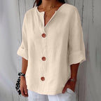 Women's relaxed V-neck shirt with button front and 3/4 sleeves