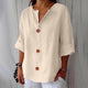Women's relaxed V-neck shirt with button front and 3/4 sleeves